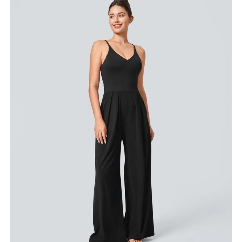 HALARA Black Wide-Leg V-Neck Jumpsuit with Pleated Trousers
